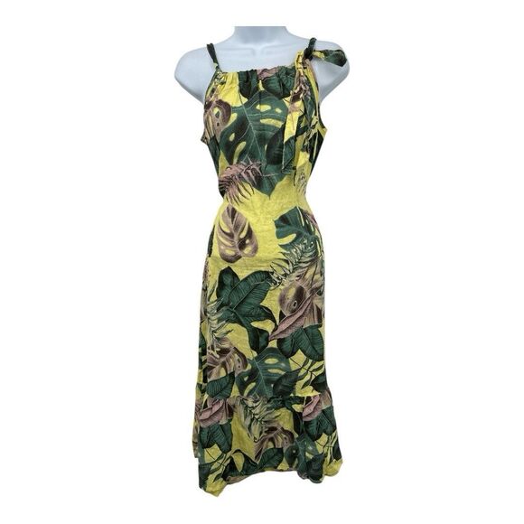 BELLA AMBRA Italy Linen Tropical Hawaiian print Midi Dress Shift Ruffle Hem Bow - Picture 1 of 13